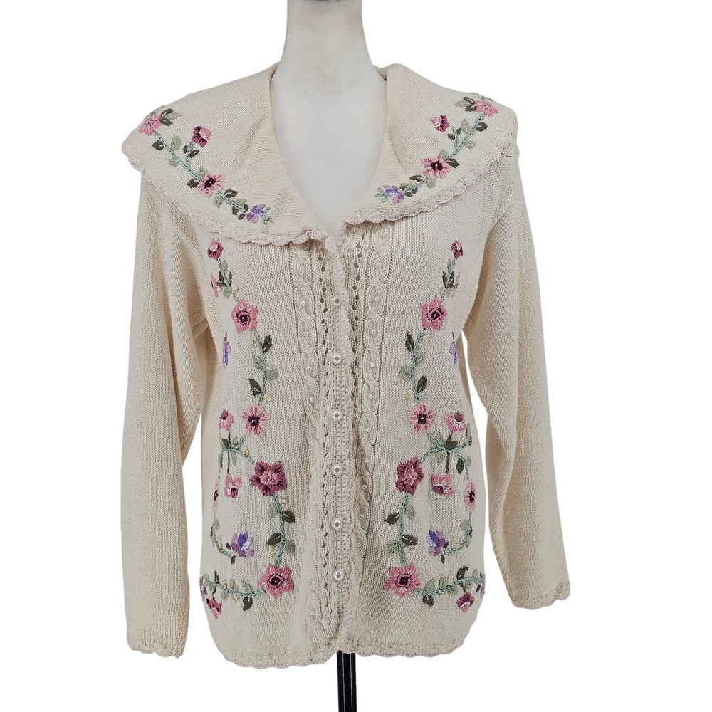Debbie Morgan Cardigan Sweater S Cream Floral Embroidered Cottagecore Vintage